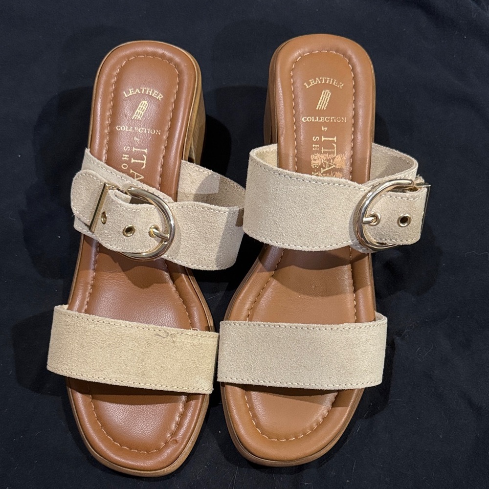 Italian Shoemakers Beige Suede Double-Strap Slide Sandals with Buckle